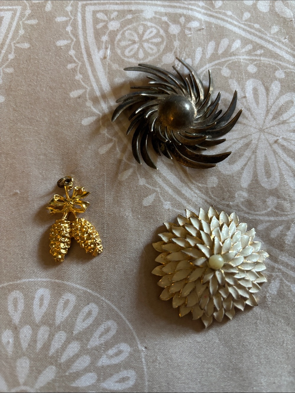 Gold-Tone Floral and Pin Trio - Gold and White Brooches